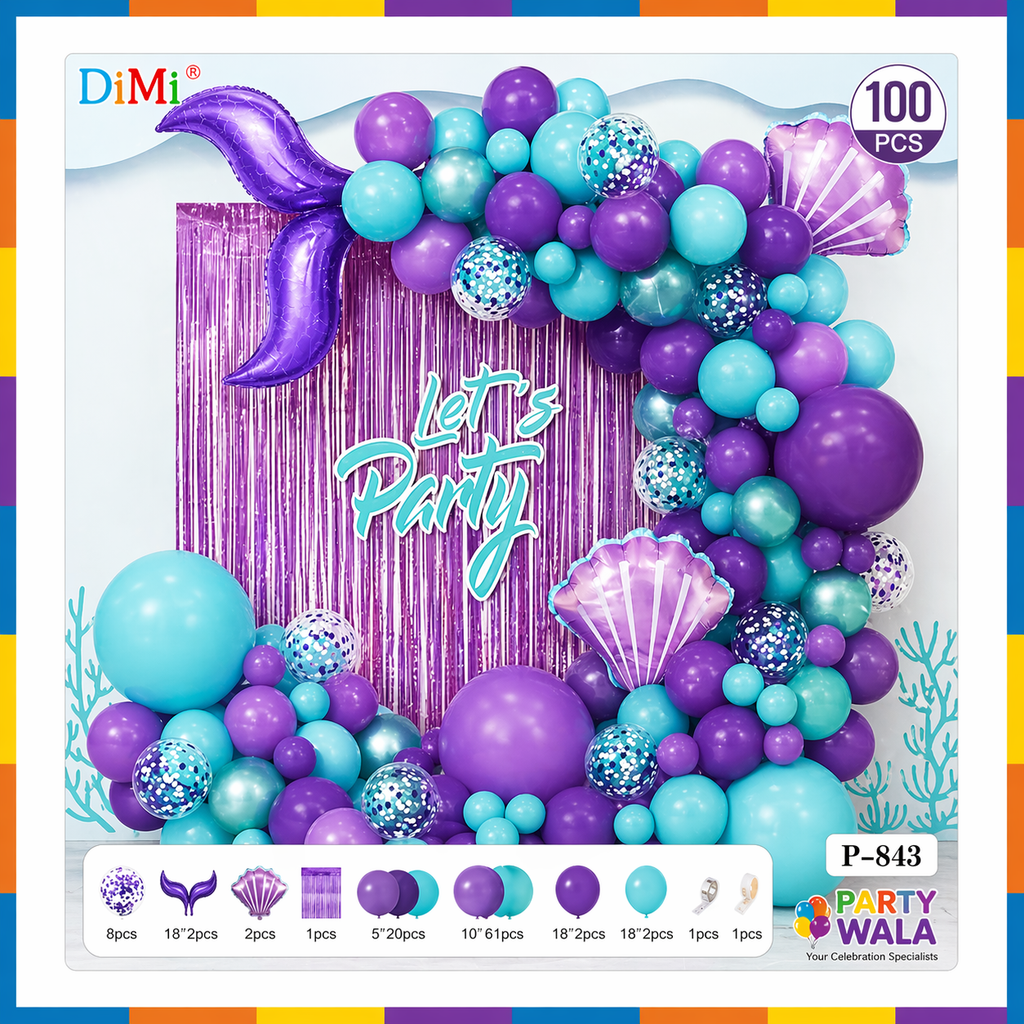 Mermaid Theme Tail Balloons Garland Set for Theme Based Birthday Decoration and Celebration (100 Pcs) Item#P-843