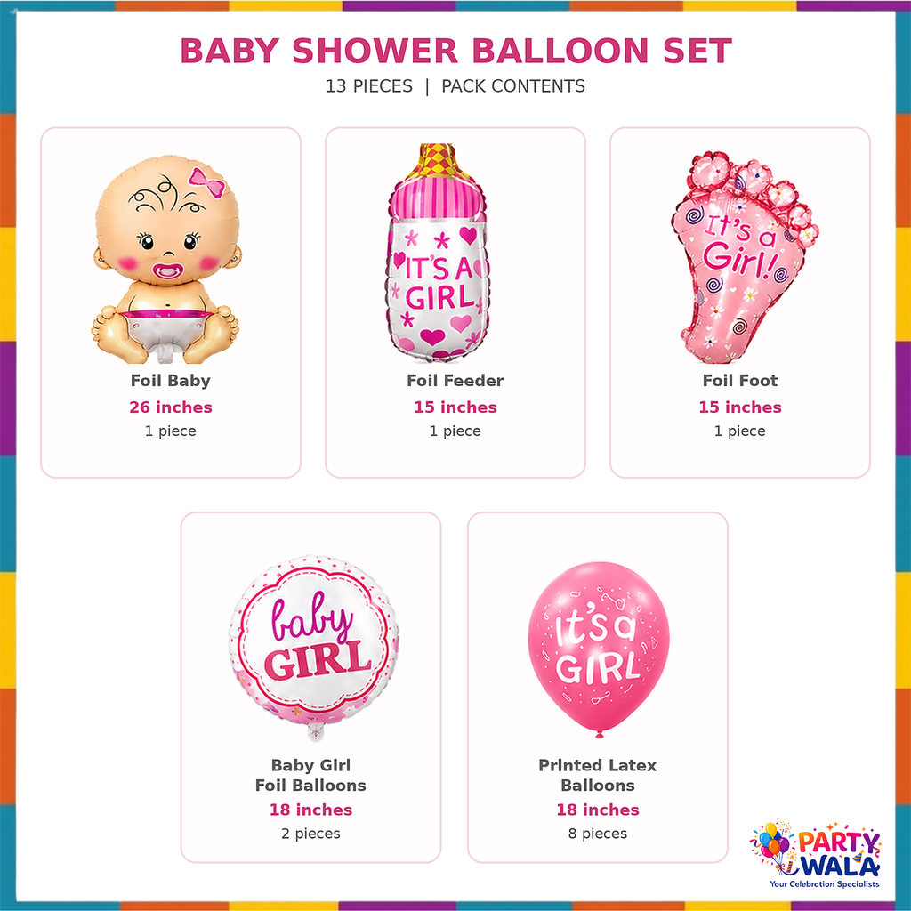 13 Pcs Baby Girl Balloon Set content sizes: baby foil 26 inches, baby bottle and foot foils 15 inches, two round baby girl foils and eight printed latex balloons 18 inches