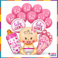 13 Pcs Baby Girl Balloon Decoration Set – 8 pink printed latex, 2 round Baby Girl foils, baby girl shaped foil, baby bottle and foot balloons