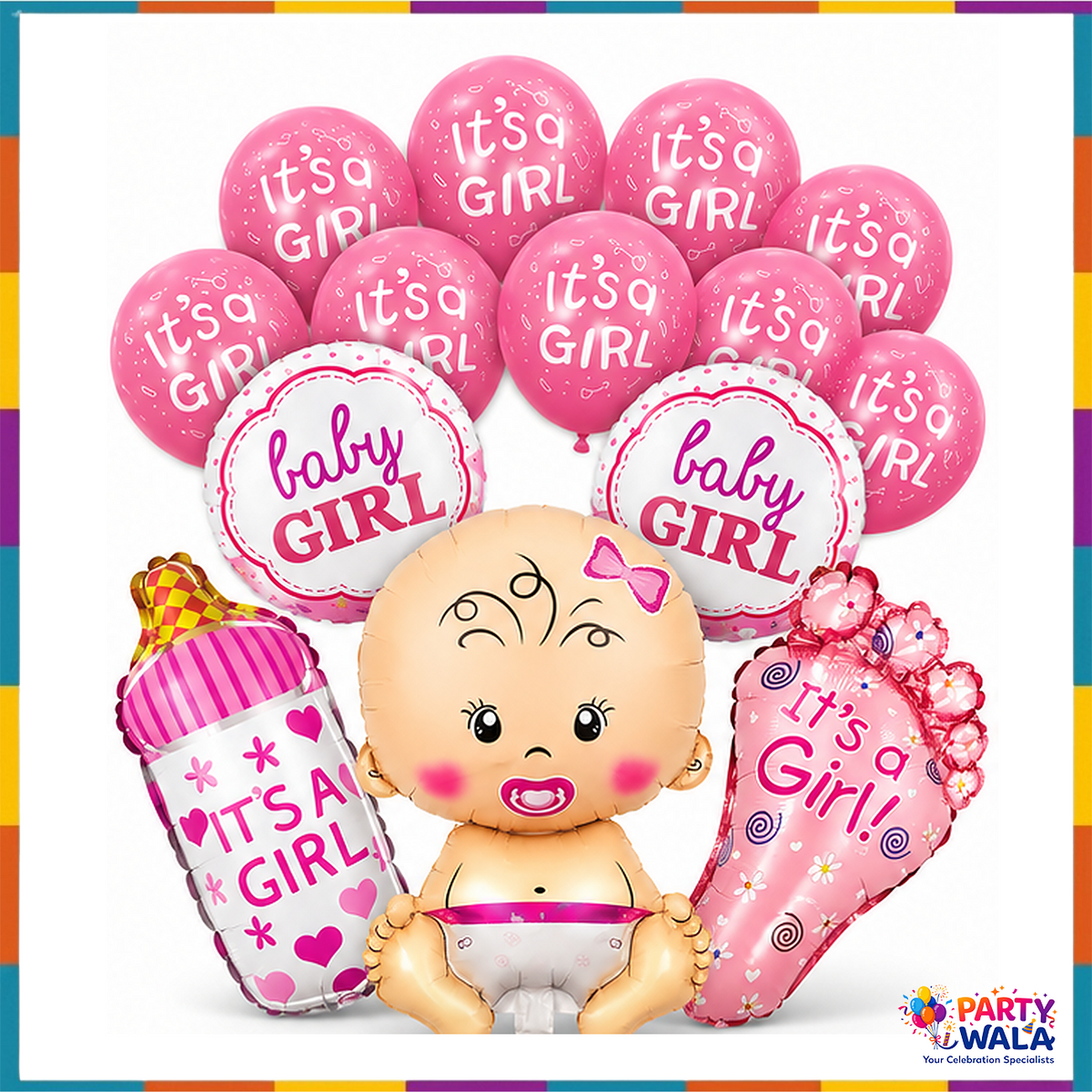 13 Pcs Baby Girl Balloon Decoration Set – 8 pink printed latex, 2 round Baby Girl foils, baby girl shaped foil, baby bottle and foot balloons