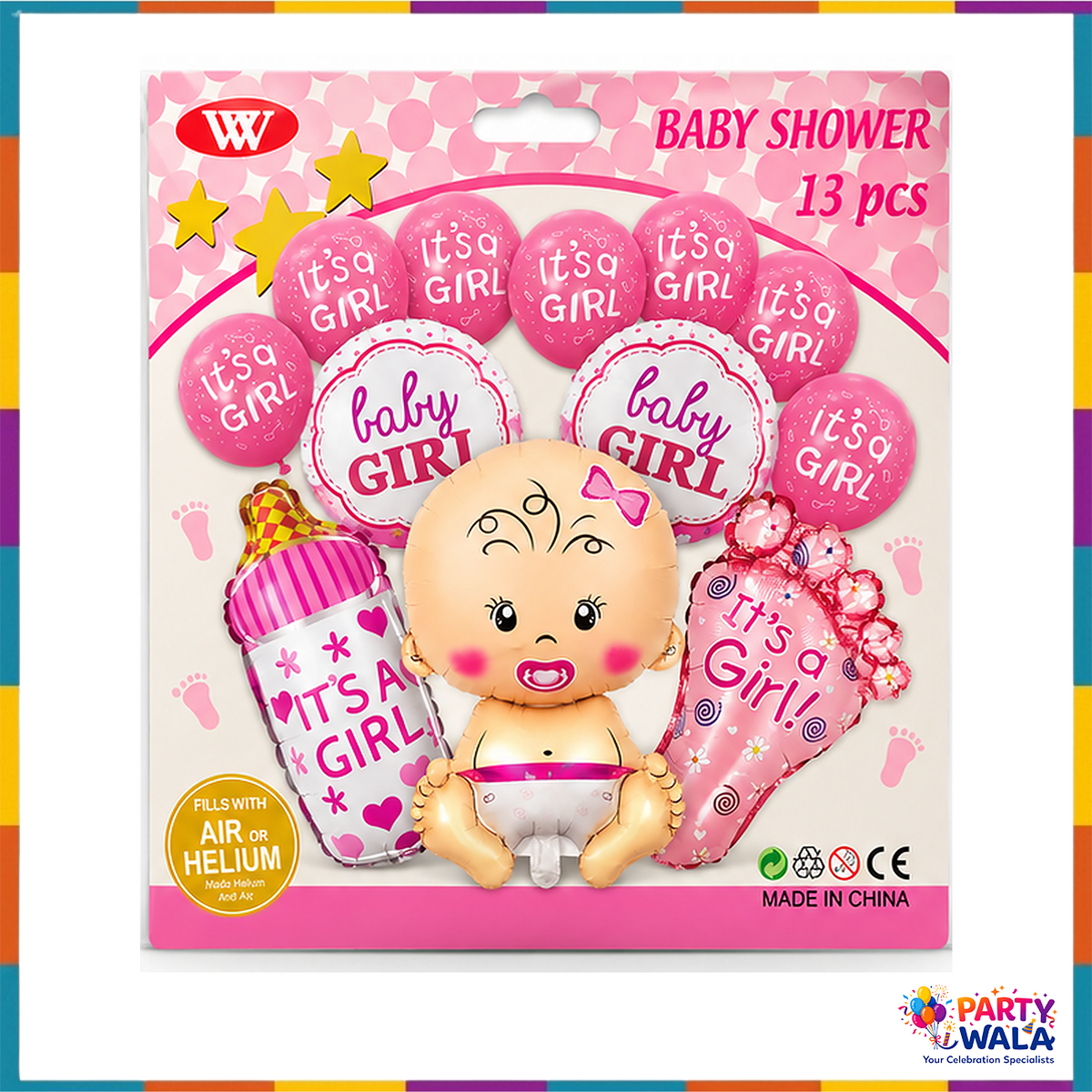 13 Pcs Baby Girl Pink Baby Shower Balloon Set retail packaging, foil balloons and pink It's a Girl printed latex balloons