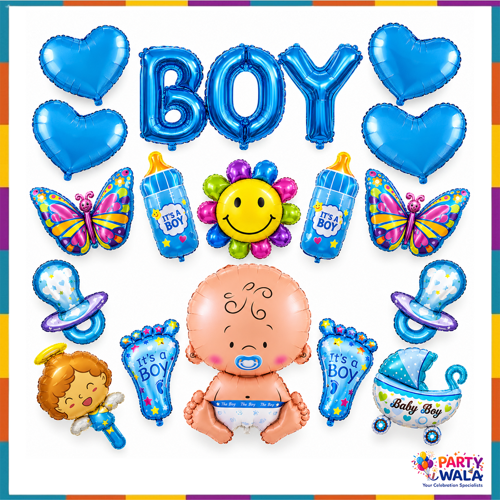 Blue 17-piece baby boy foil balloon set with BOY letters, 4 hearts, baby shapes, bottles, stroller and butterflies