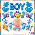 Blue 17-piece baby boy foil balloon set with BOY letters, 4 hearts, baby shapes, bottles, stroller and butterflies