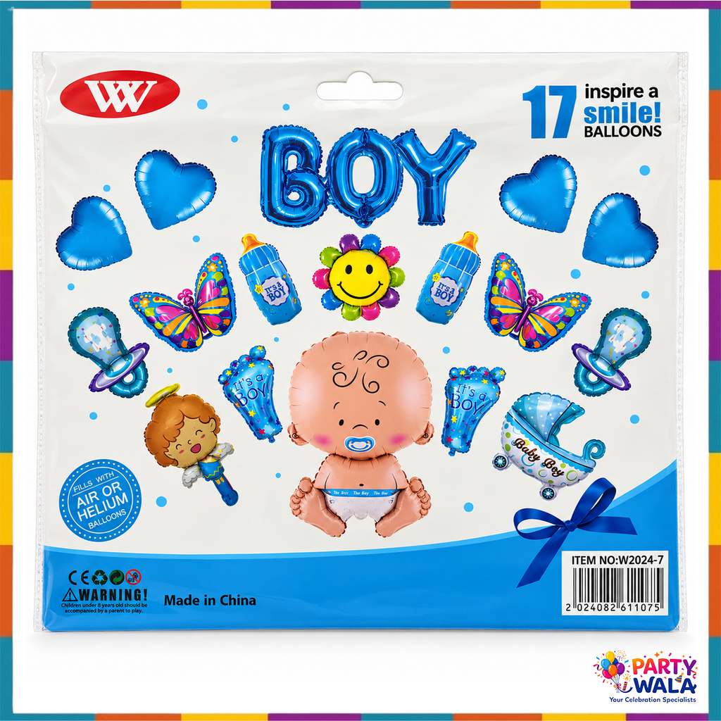 W2024-7 retail pack with 17 baby boy foil balloons for baby showers and welcome baby decorations