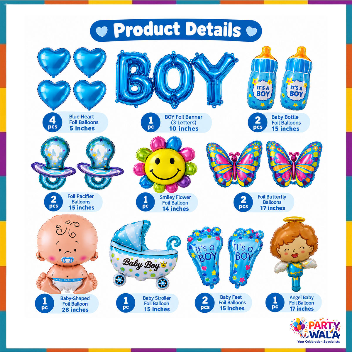 17-piece baby boy foil balloon set quantity and size chart showing hearts BOY banner baby bottles and baby shaped balloons