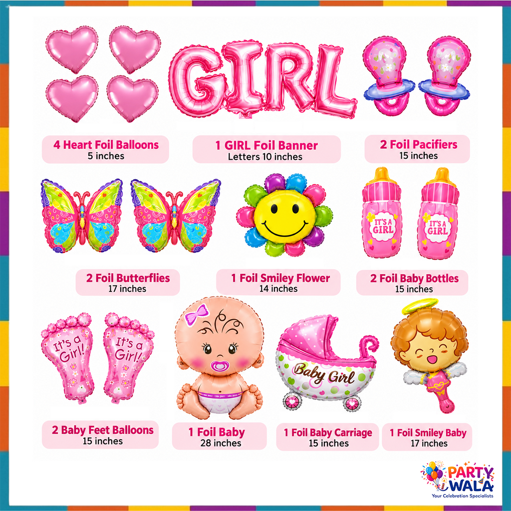 Baby girl 17-piece foil balloon contents and sizes chart: 4 pink hearts, GIRL letters, 2 pacifiers, 2 butterflies, flower, 2 bottles, 2 baby feet, baby, carriage and angel