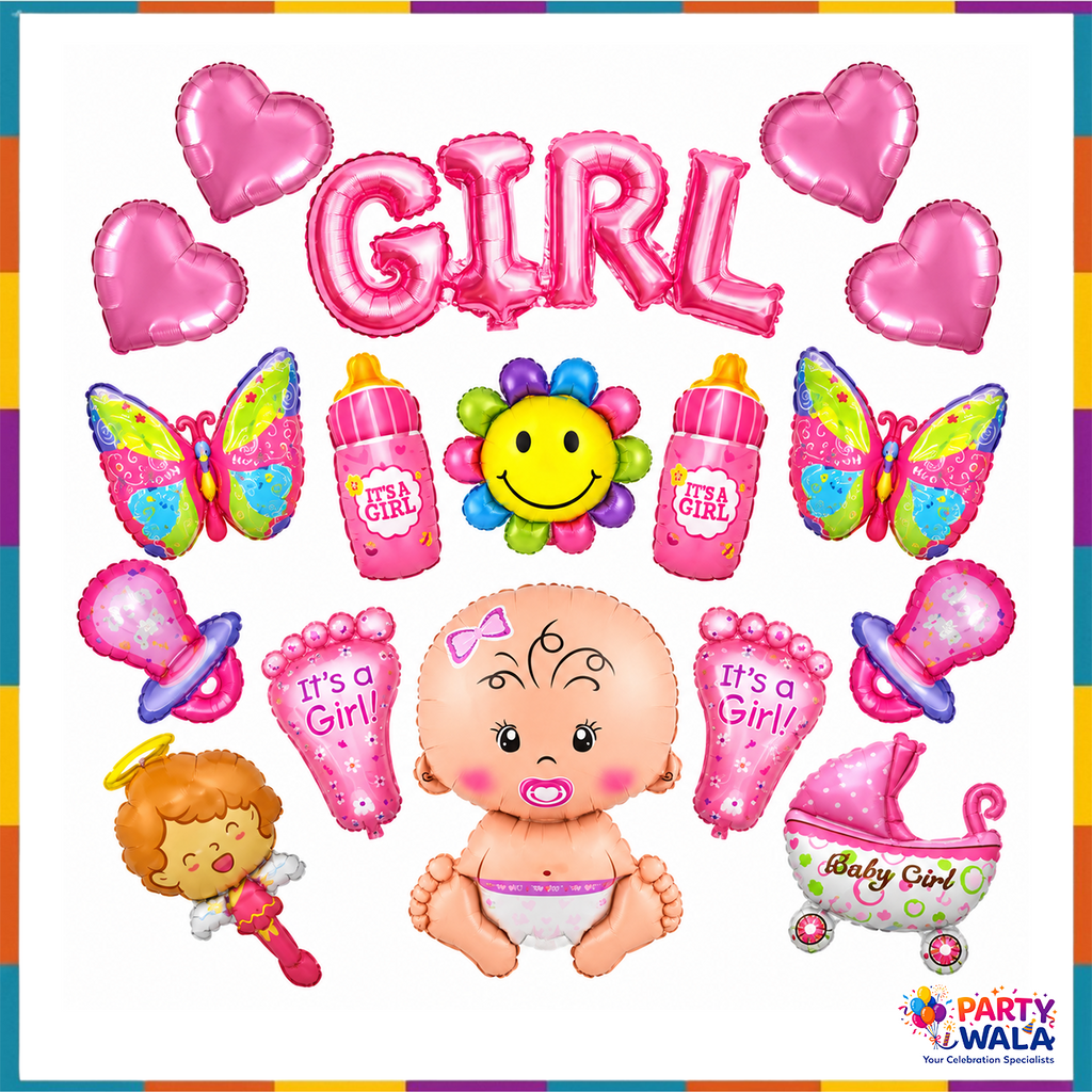 17 Pcs Baby Girl pink foil balloon set with GIRL letter banner, heart balloons, bottles, feet, butterflies, pram and baby shapes
