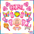 17 Pcs Baby Girl pink foil balloon set with GIRL letter banner, heart balloons, bottles, feet, butterflies, pram and baby shapes