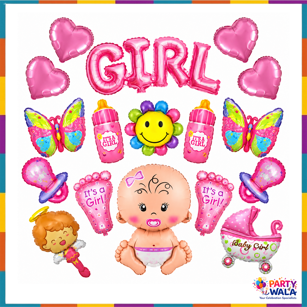 17 Pcs Baby Girl pink foil balloon set with GIRL letter banner, heart balloons, bottles, feet, butterflies, pram and baby shapes