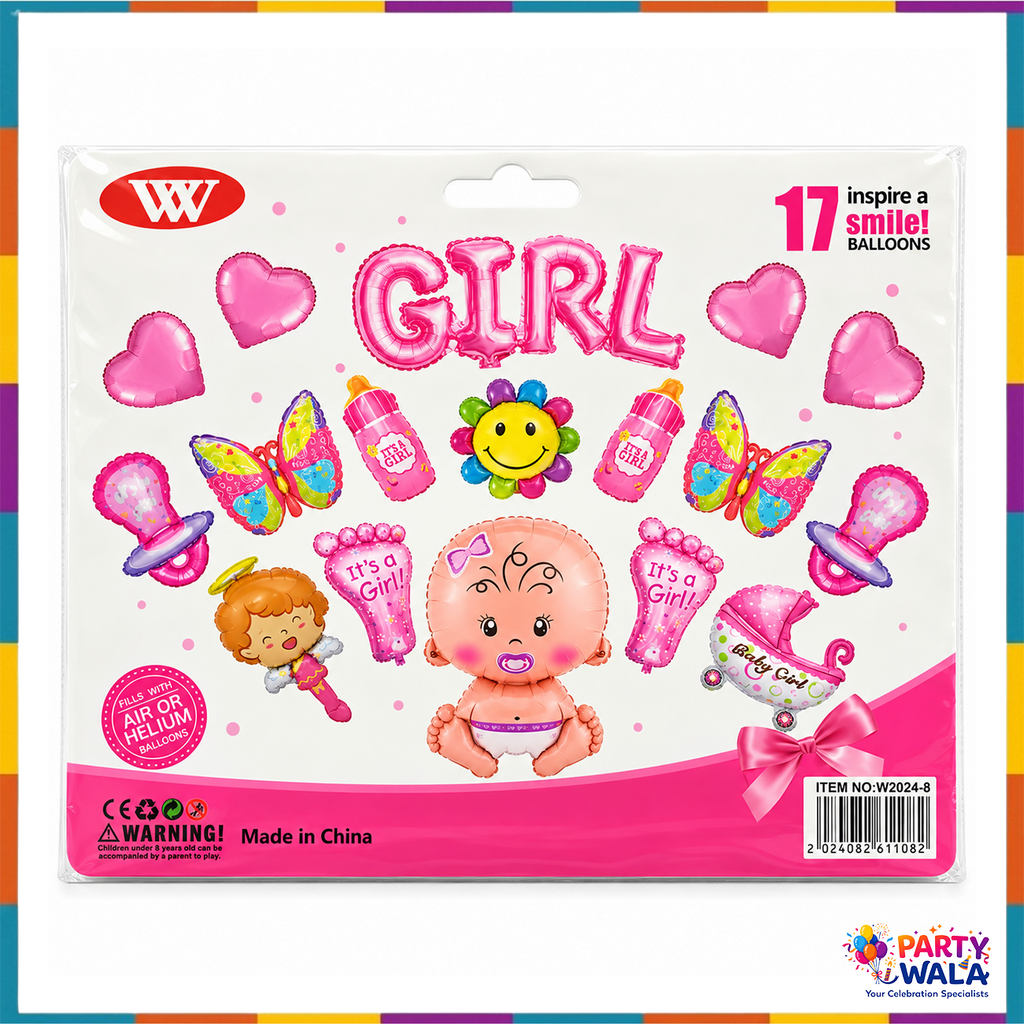 17-piece It's a Girl foil balloon kit in pink retail packaging, item W2024-8, baby shower decorations