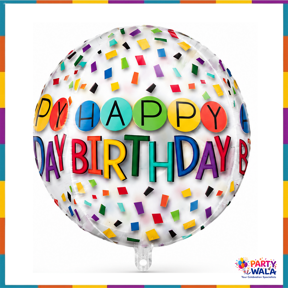 18-inch Happy Birthday multicolour printed round foil balloon with colourful letters and square confetti pattern