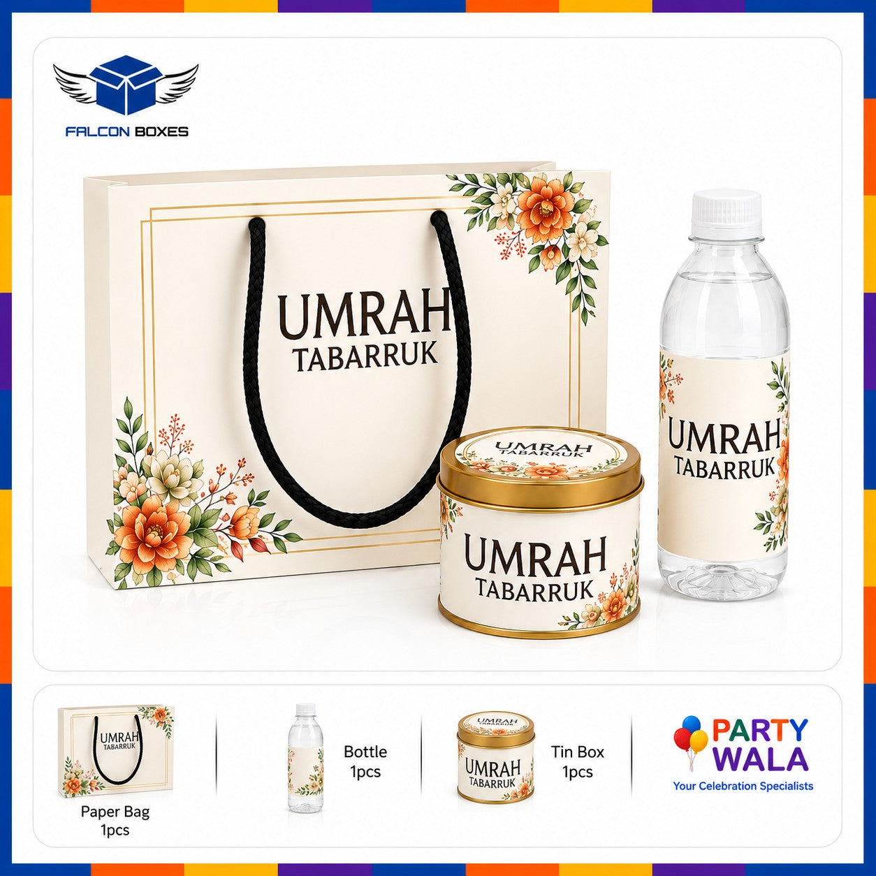 Elegant Floral Umrah Tabarruk Set with 250g Tin Box