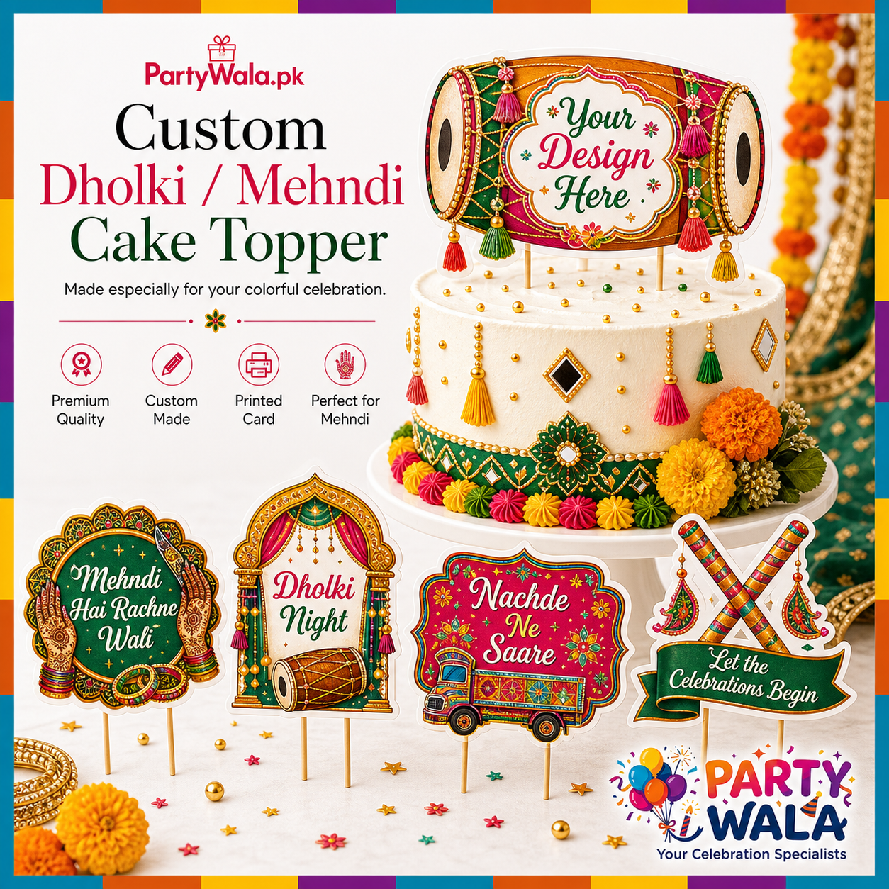 Custom Dholki / Mehndi Cake Topper | Party Wala