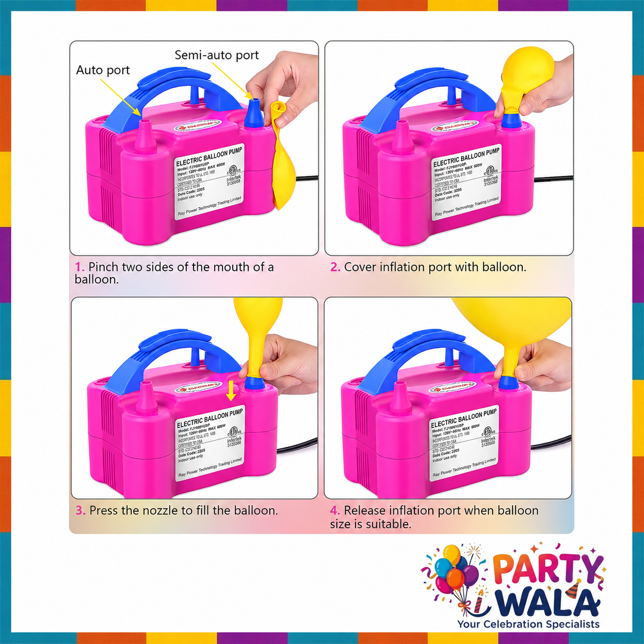 73005 Electric Balloon Blower Pump Dual Nozzle 220V 600W For Birthdays, Celebration and Parties Decoration