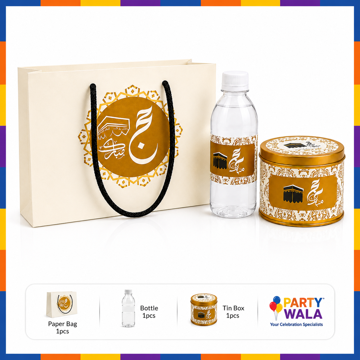 Hajj Mubarak Gift Set – Luxury Golden Packaging Box with Bottle & Tin Can