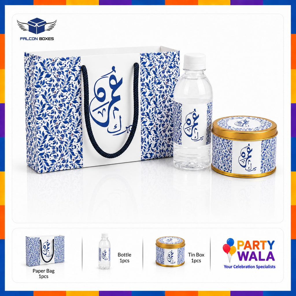 Blue Islamic Umrah Tabarruk Set with 250g Tin Box