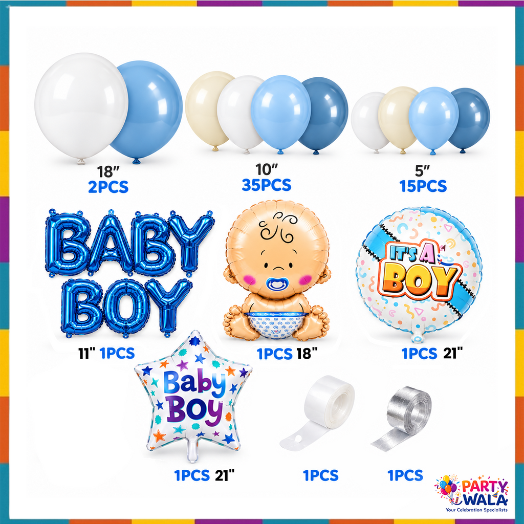 Baby Boy 58-piece balloon decoration kit included items: 2 18-inch, 35 10-inch, 15 5-inch latex, BABY BOY letters, 3 foil balloons and 2 rolls