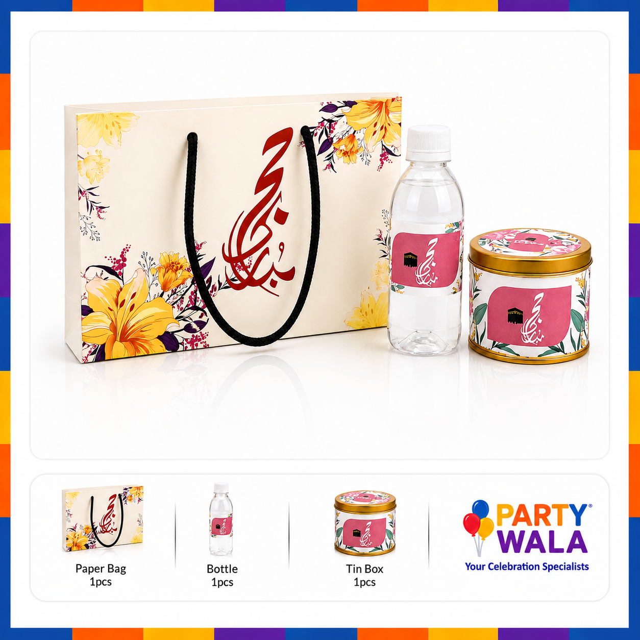 Hajj Mubarak Gift Set –Luxury Floral Gift Packaging with Bottle & Tin Can