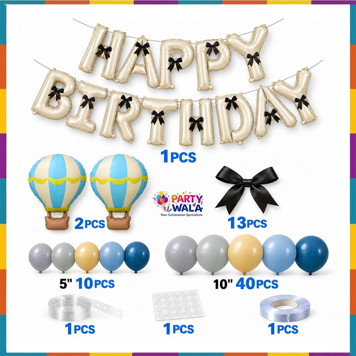 69-component birthday kit contents with champagne Happy Birthday foil letters, two hot air balloon foils, 50 latex balloons, 13 black bows, balloon strip glue dots and ribbon