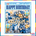 69-piece blue grey gold Happy Birthday hot air balloon birthday decoration kit with champagne foil letter banner and blue gold balloon garland