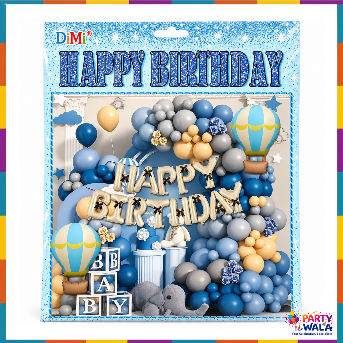 69-piece blue grey gold Happy Birthday hot air balloon birthday decoration kit with champagne foil letter banner and blue gold balloon garland