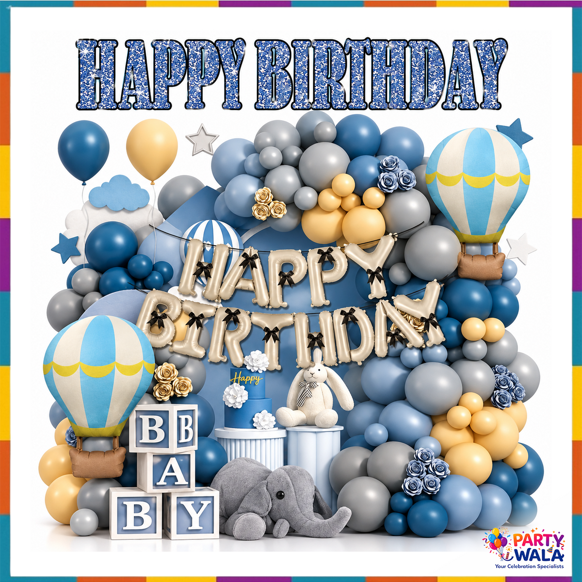 Sky-theme Happy Birthday party setup with two hot air balloon foils, cream Happy Birthday foil letters, blue grey and gold balloon garland