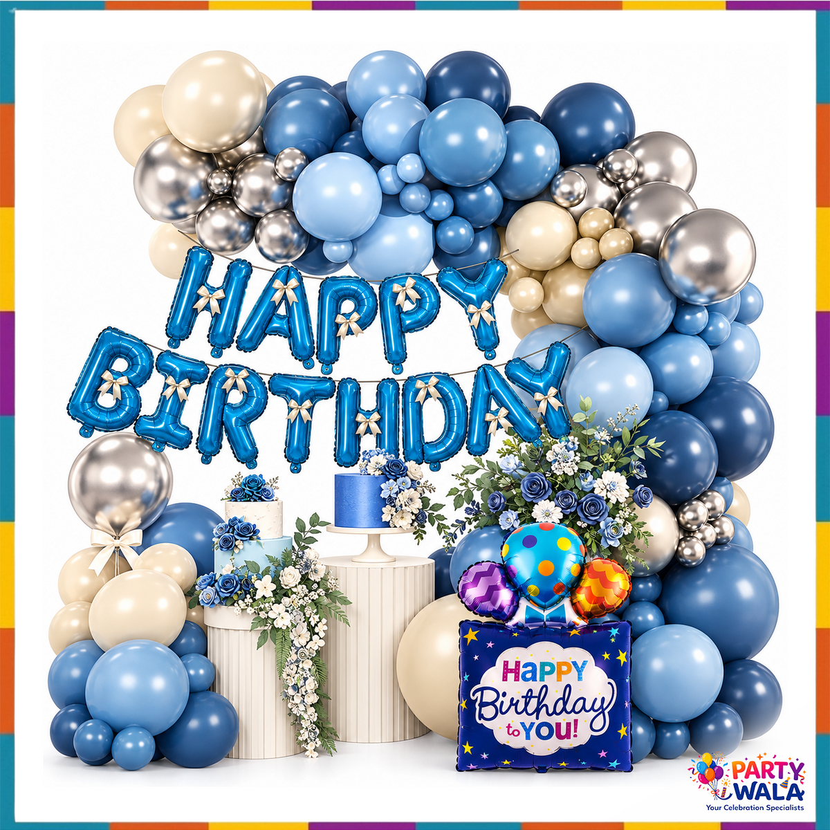 Royal blue silver champagne and light blue Happy Birthday balloon garland party setup with metallic blue foil letters