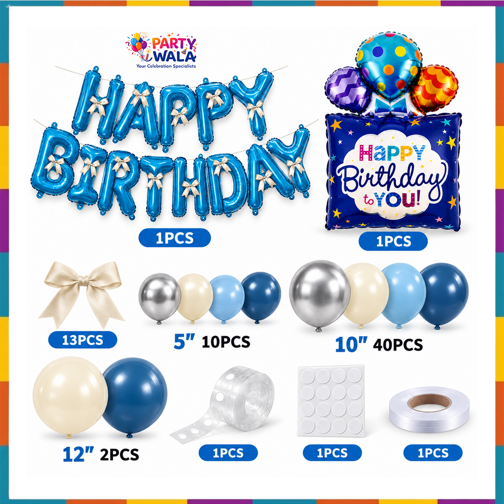 70 piece Happy Birthday blue and silver balloon set contents: foil letters, Happy Birthday to You gift foil, 52 latex balloons, 13 cream bows, strip glue dots ribbon
