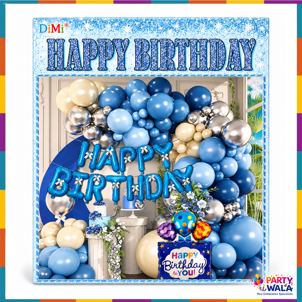 70 piece blue silver cream Happy Birthday balloon decoration theme with blue foil letters and gift-shaped Birthday to You foil balloon
