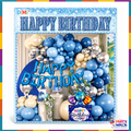 70 piece blue silver cream Happy Birthday balloon decoration theme with blue foil letters and gift-shaped Birthday to You foil balloon
