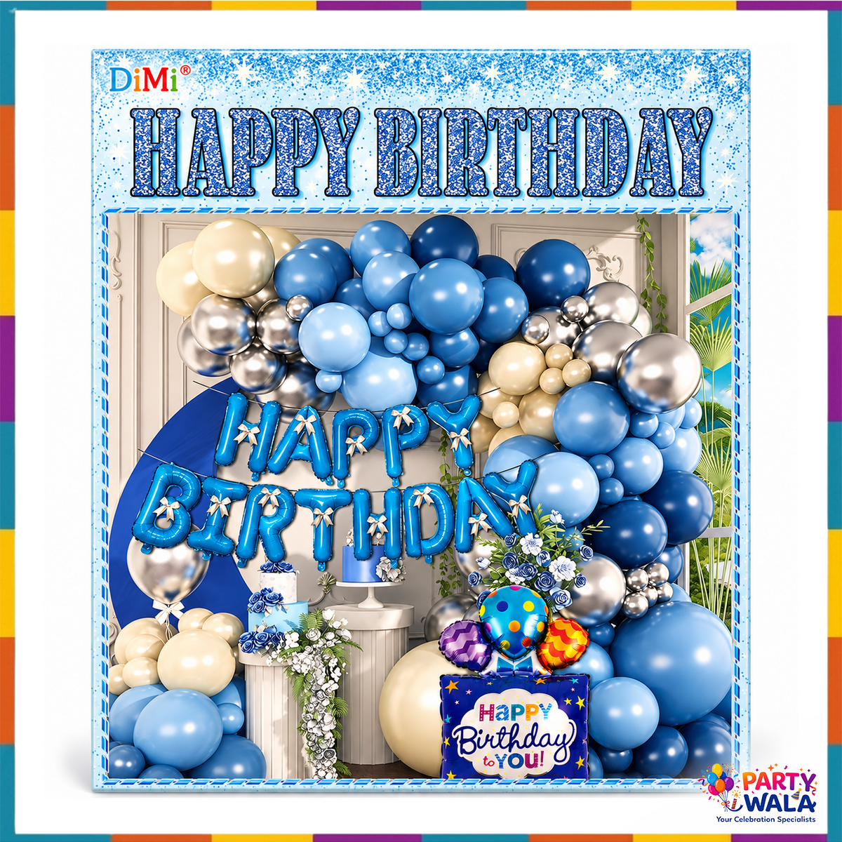 70 piece blue silver cream Happy Birthday balloon decoration theme with blue foil letters and gift-shaped Birthday to You foil balloon