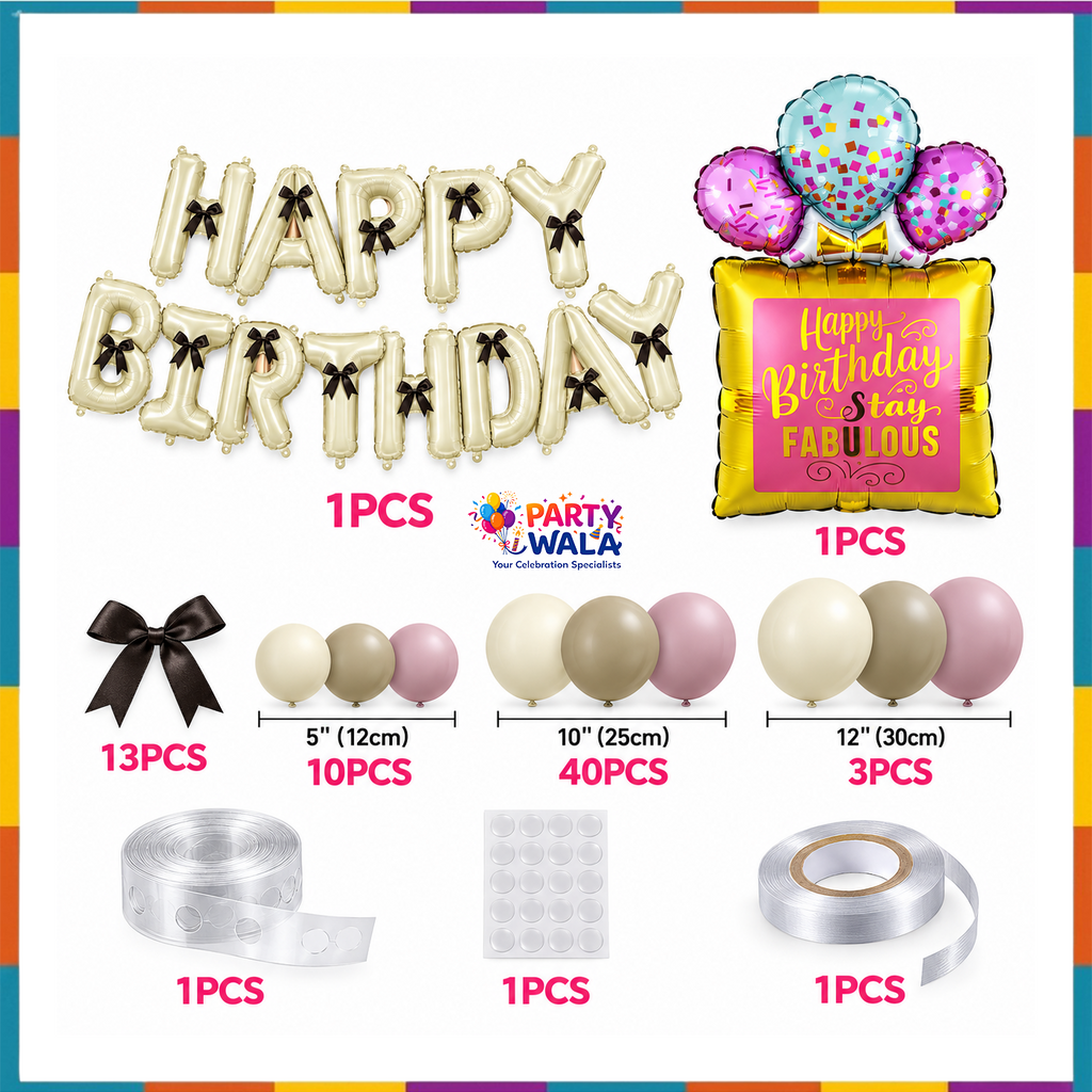 71-piece nude beige dusty pink birthday theme set includes 53 latex balloons, 13 bows, birthday letters, Stay Fabulous foil balloon, strip, glue dots and ribbon