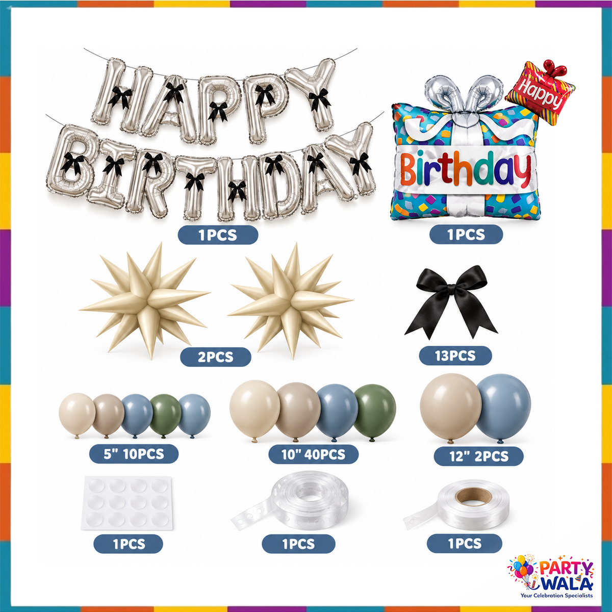 72-piece birthday kit: foil Happy Birthday letters, birthday gift foil balloon, two 3D cream stars, 13 black bows, 52 latex balloons, glue dots, balloon strip and ribbon