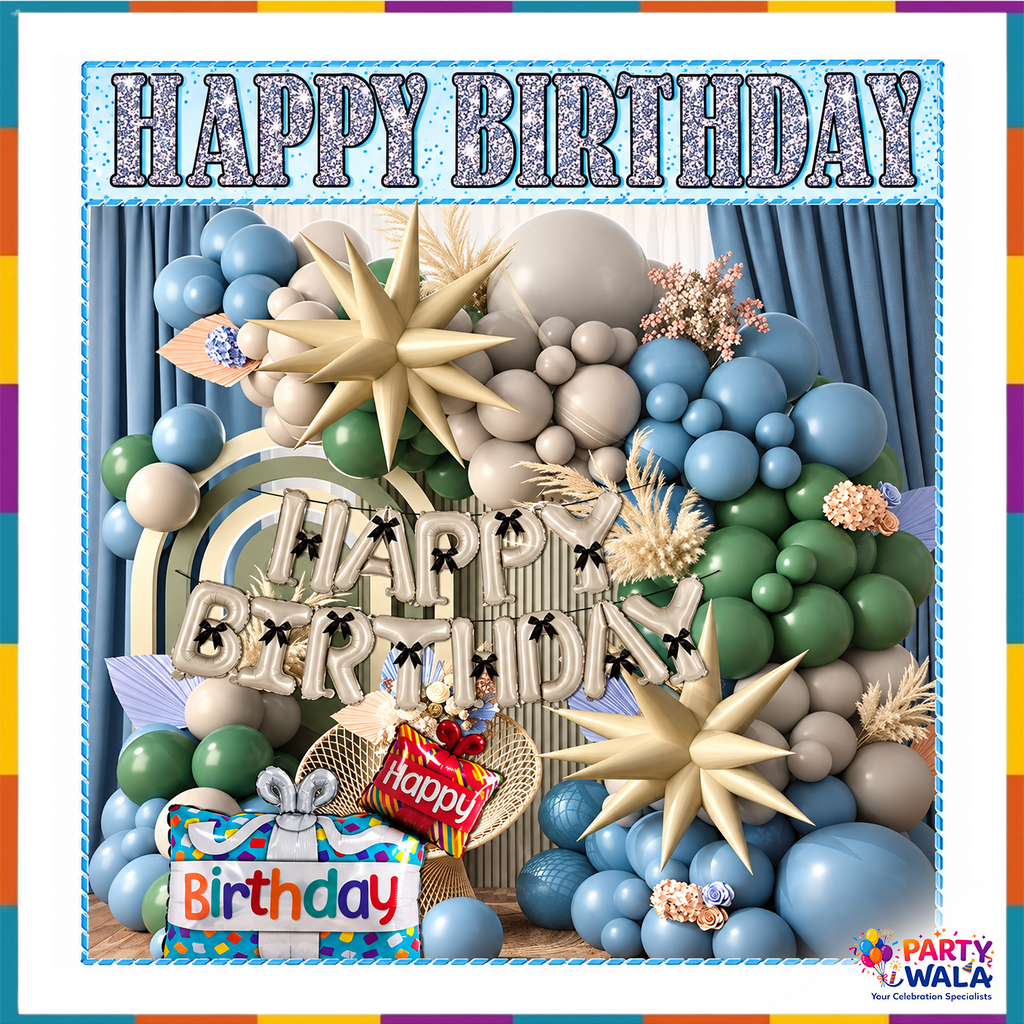72 pieces sage green dusty blue beige Happy Birthday balloon decoration kit with champagne foil letters, cream 3D stars and birthday gift foil balloon