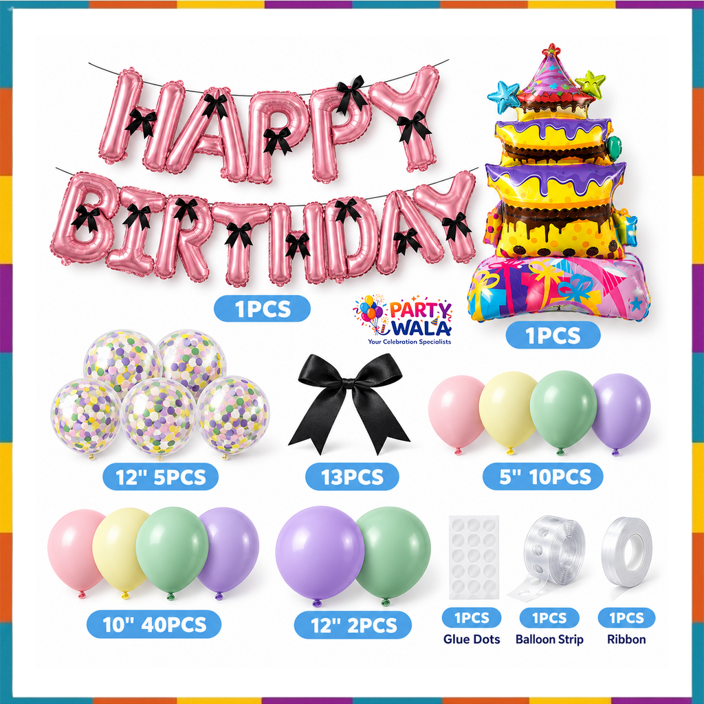 75 pieces pastel rainbow birthday balloon kit includes foil letter set, cake foil, 5 confetti balloons, 52 pastel latex balloons, 13 bows, glue dots strip and ribbon
