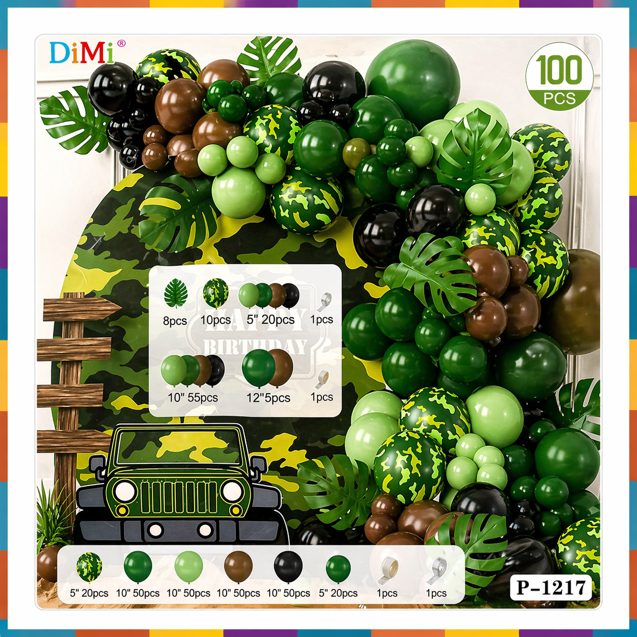 100-PCS Jungle Camouflage Party Balloon Kit For Kids Birthday And Party/Event Celebration P-1217