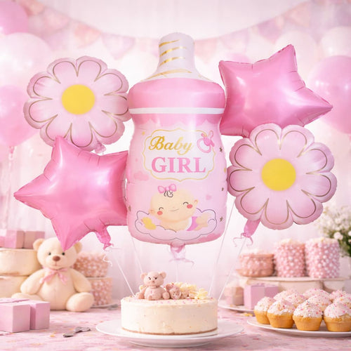 Baby Girl Feeder Shaped with Flower & Star Foil Balloon Set For Baby Shower, Gender Reveal and Welcome Baby Decoration and Celebrations
