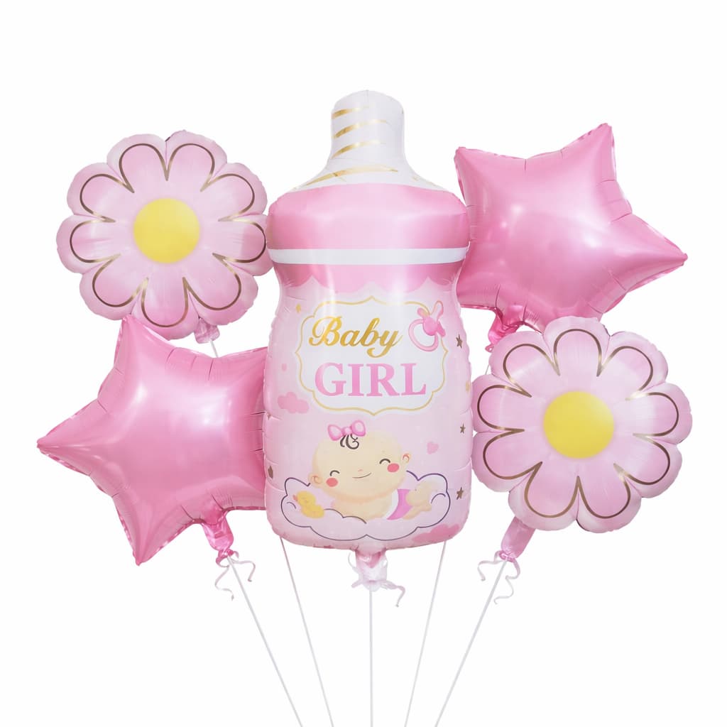 Baby Girl Feeder Shaped with Flower & Star Foil Balloon Set For Baby Shower, Gender Reveal and Welcome Baby Decoration and Celebrations