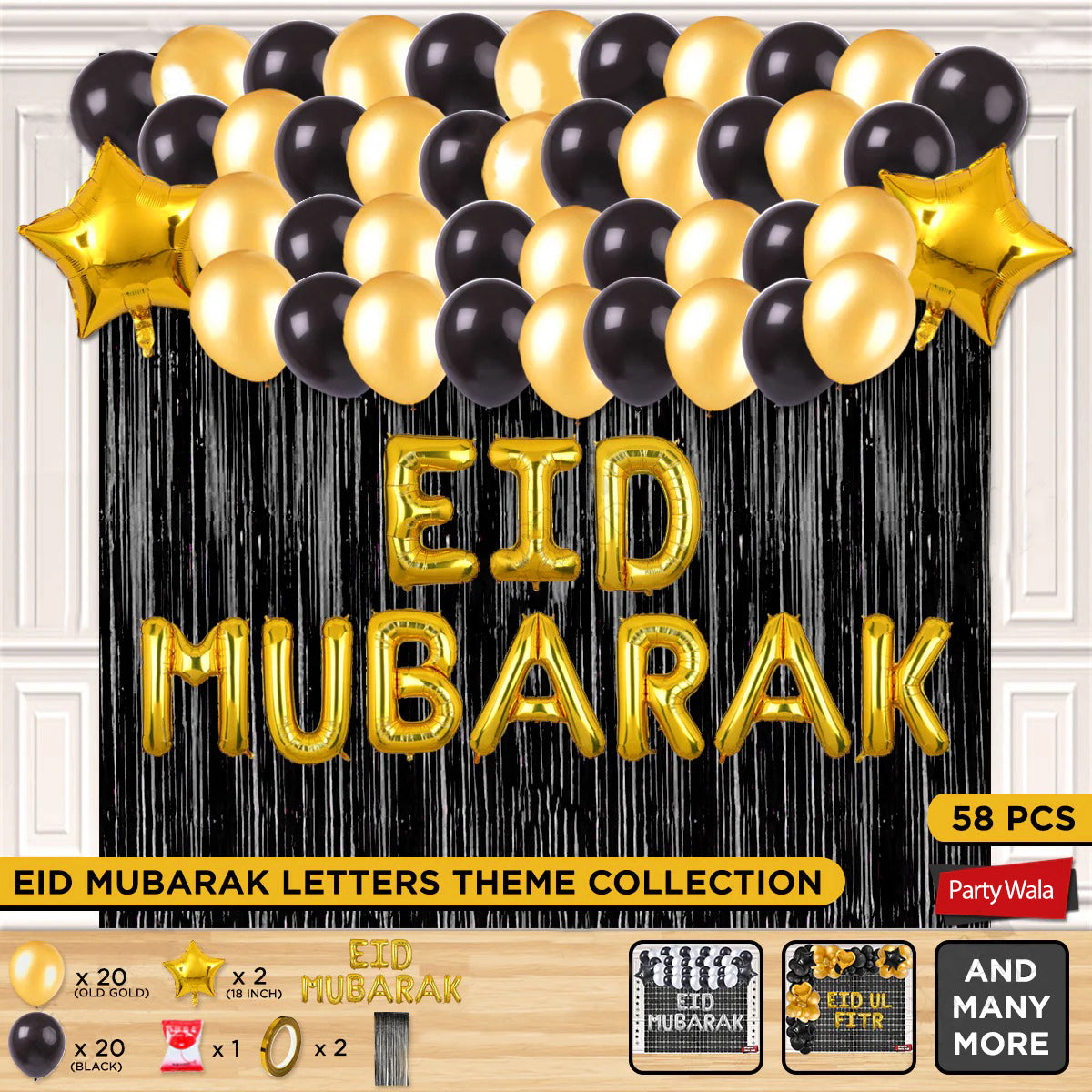 58-Pcs Eid Mubarak Gold Foil Balloon Curtain Theme Collection