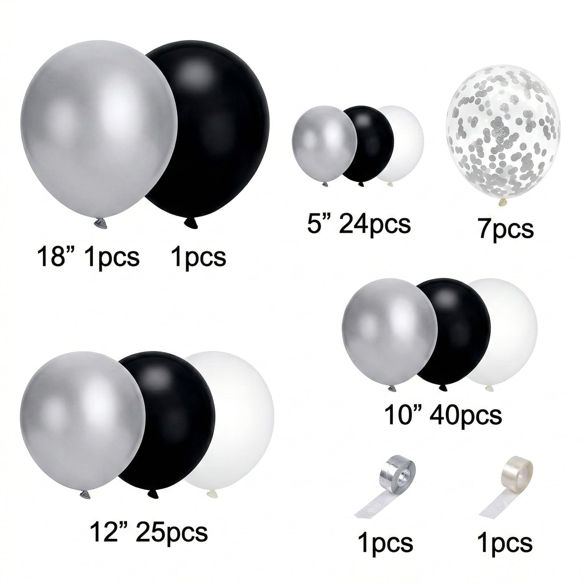 100-PCS Black and White Balloon with Silver Chrome and Confetti Balloons Garland Kit For Birthday, Wedding And Other Celebration DM-23110