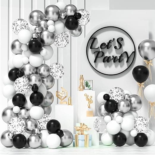 100-PCS Black and White Balloon with Silver Chrome and Confetti Balloons Garland Kit For Birthday, Wedding And Other Celebration DM-23110