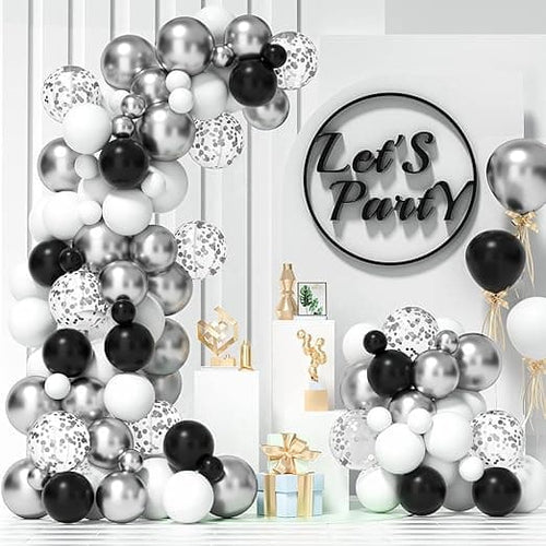 100-PCS Black and White Balloon with Silver Chrome and Confetti Balloons Garland Kit For Birthday, Wedding And Other Celebration DM-23110