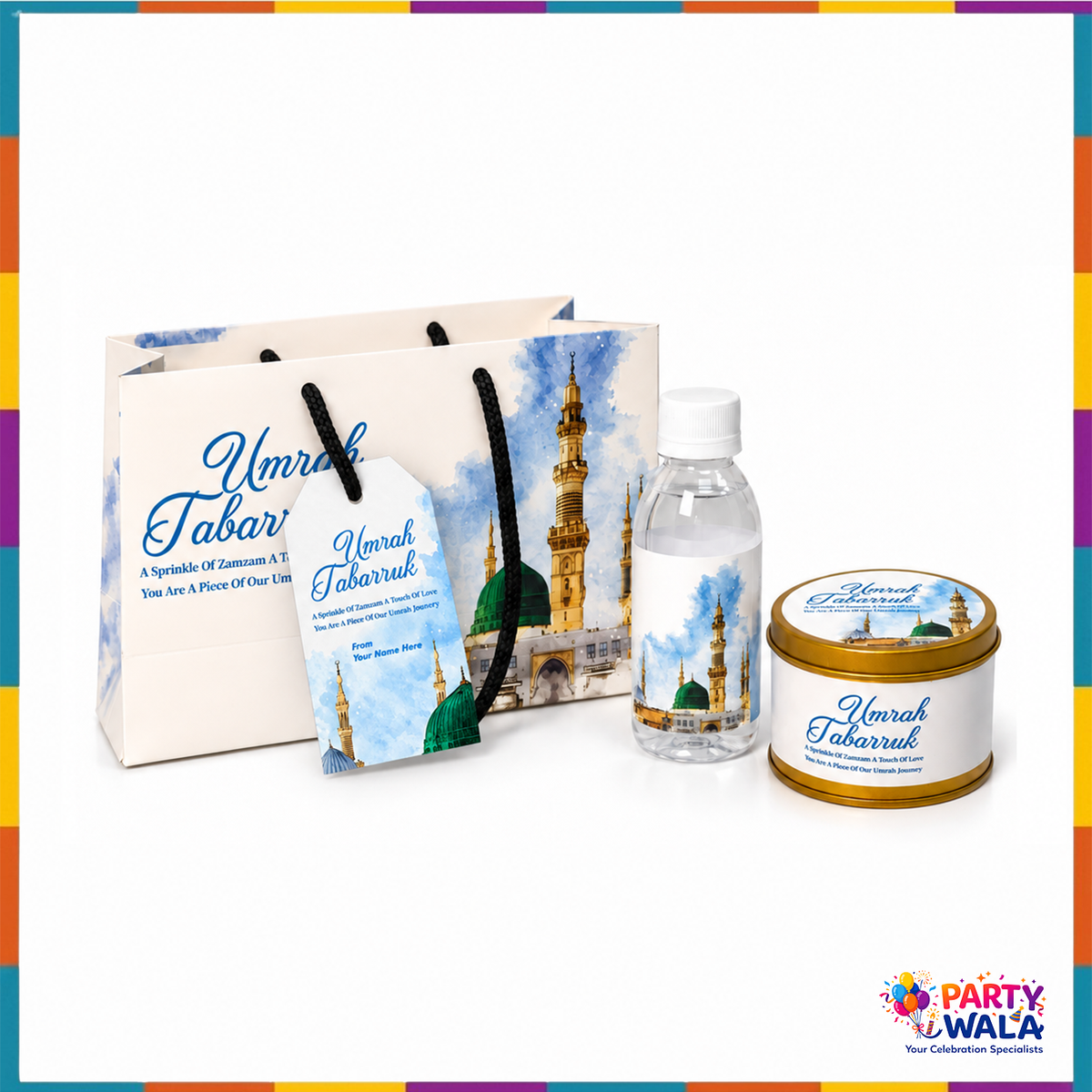 Blue Madina Watercolour Umrah Tabarruk Gift Set (Small Tin Box 125g)