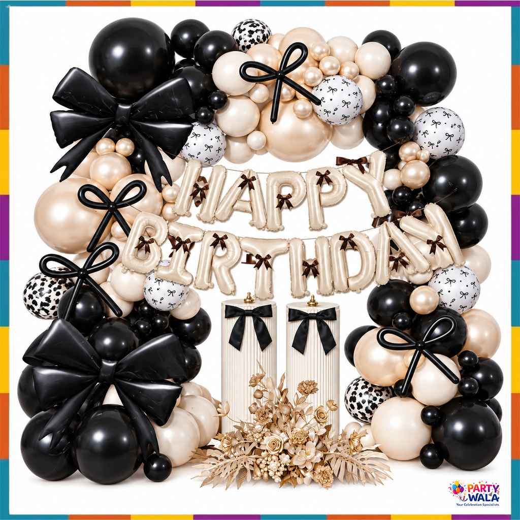 Black and cream bow Happy Birthday balloon arch display