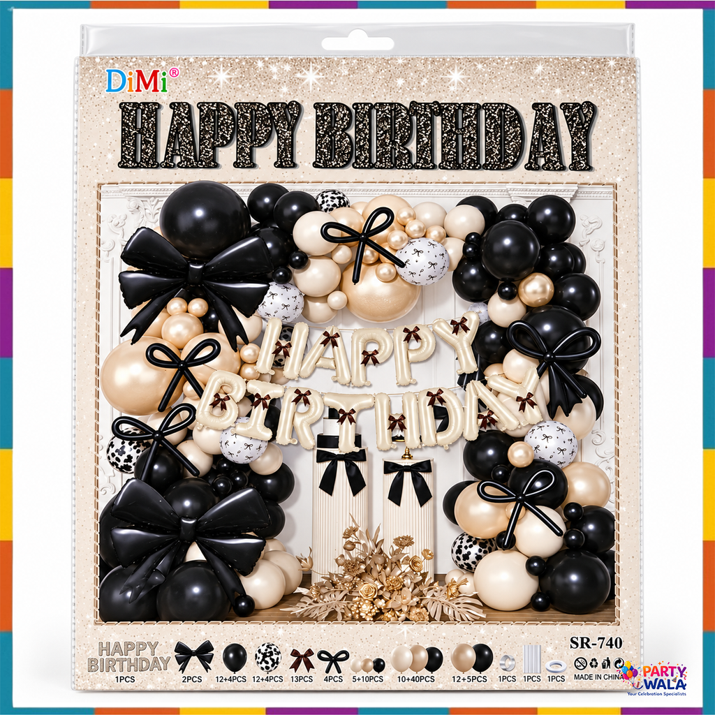SR-740 black and cream bow Happy Birthday balloon kit packaging