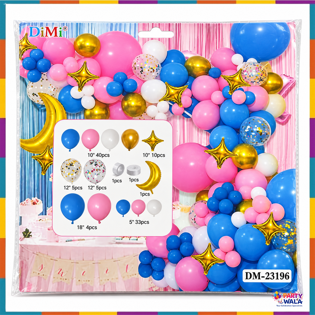 Pink blue gold balloon garland arch