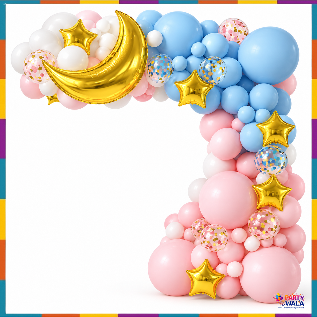 Pink blue gold balloon garland