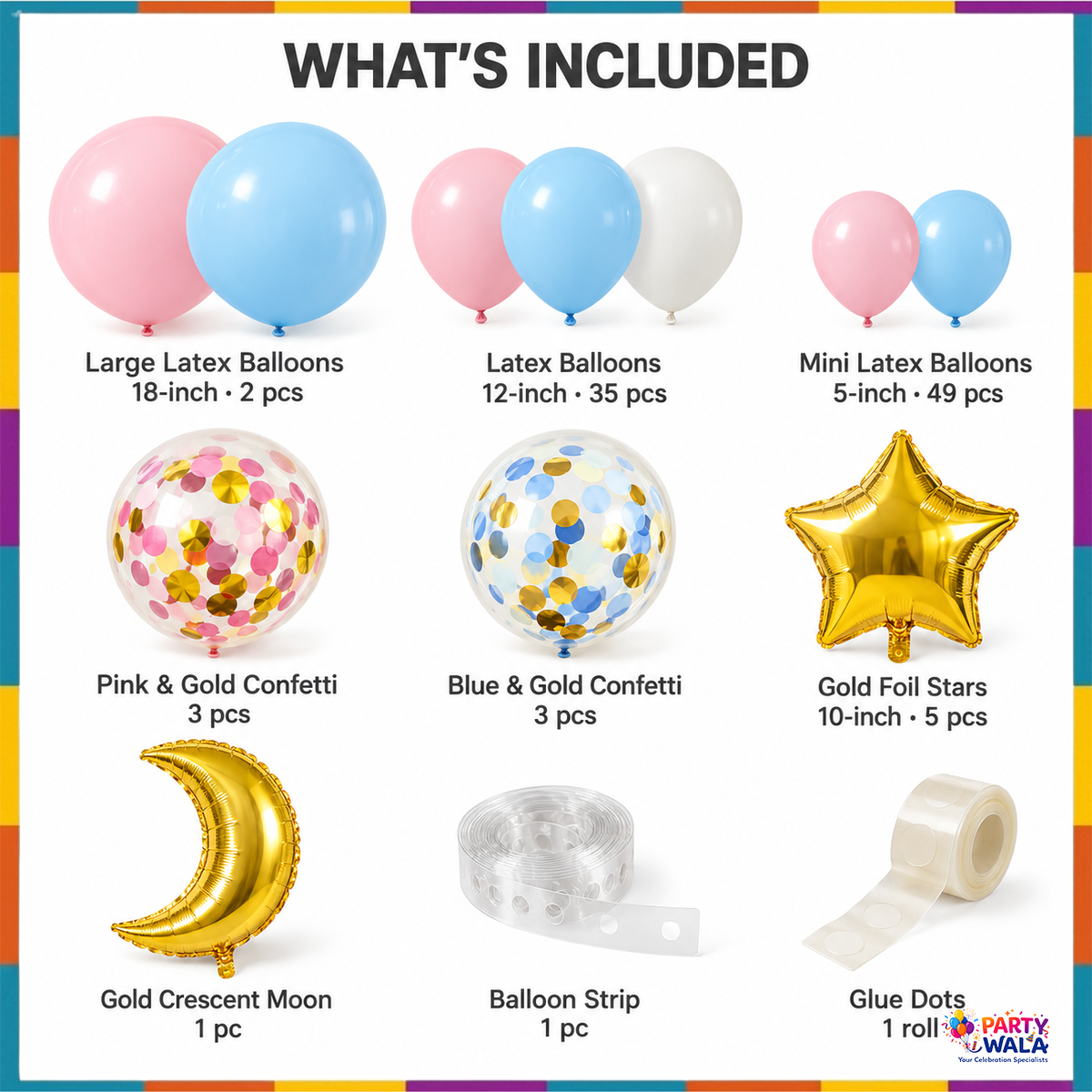 Pink blue balloon kit contents