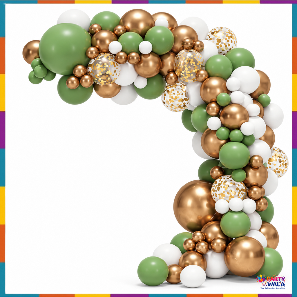 Sage green white gold balloon garland arch