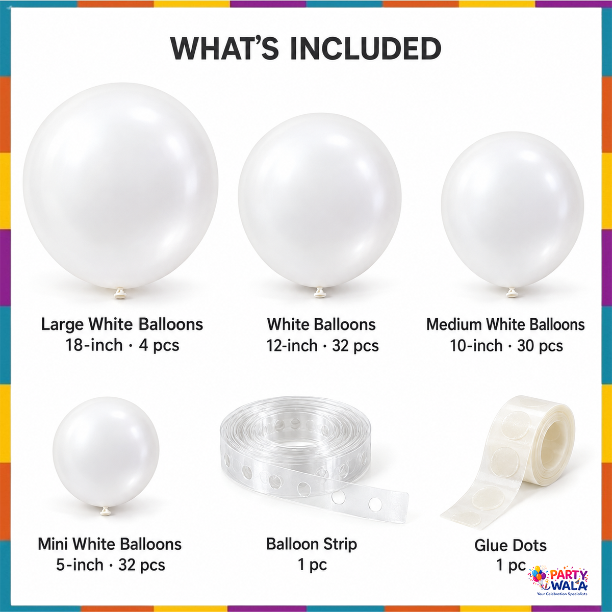 White balloon kit contents with sizes and quantities